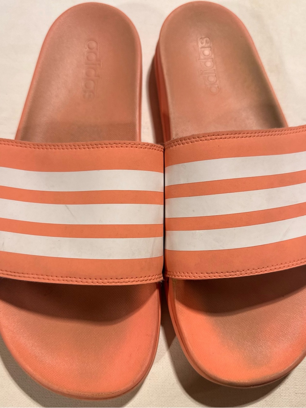 adidas Adilette Women’s Coral-Orange Slide Sandals with White Stripes